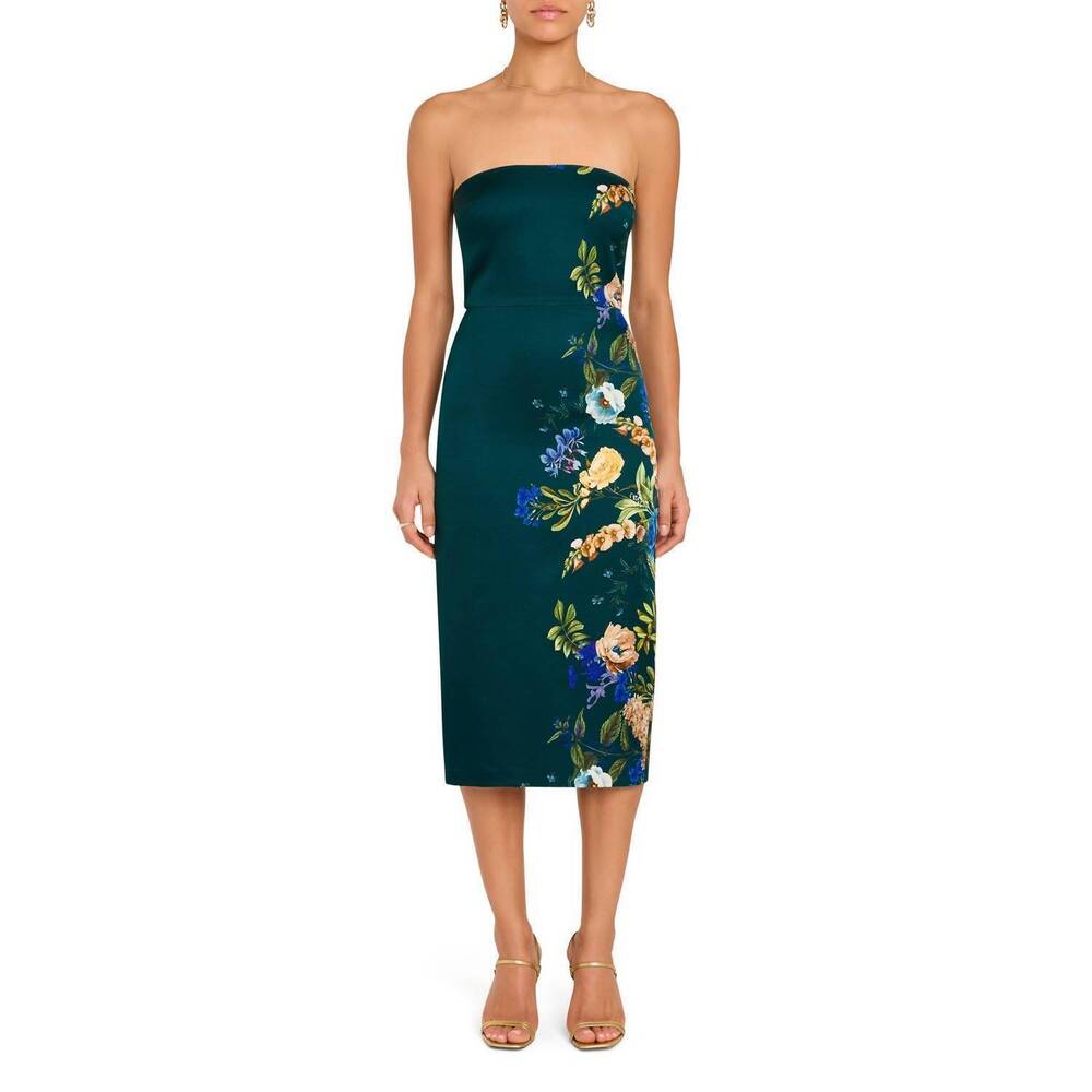 Amanda Uprichard Strapless Teal Floral Midi Dress